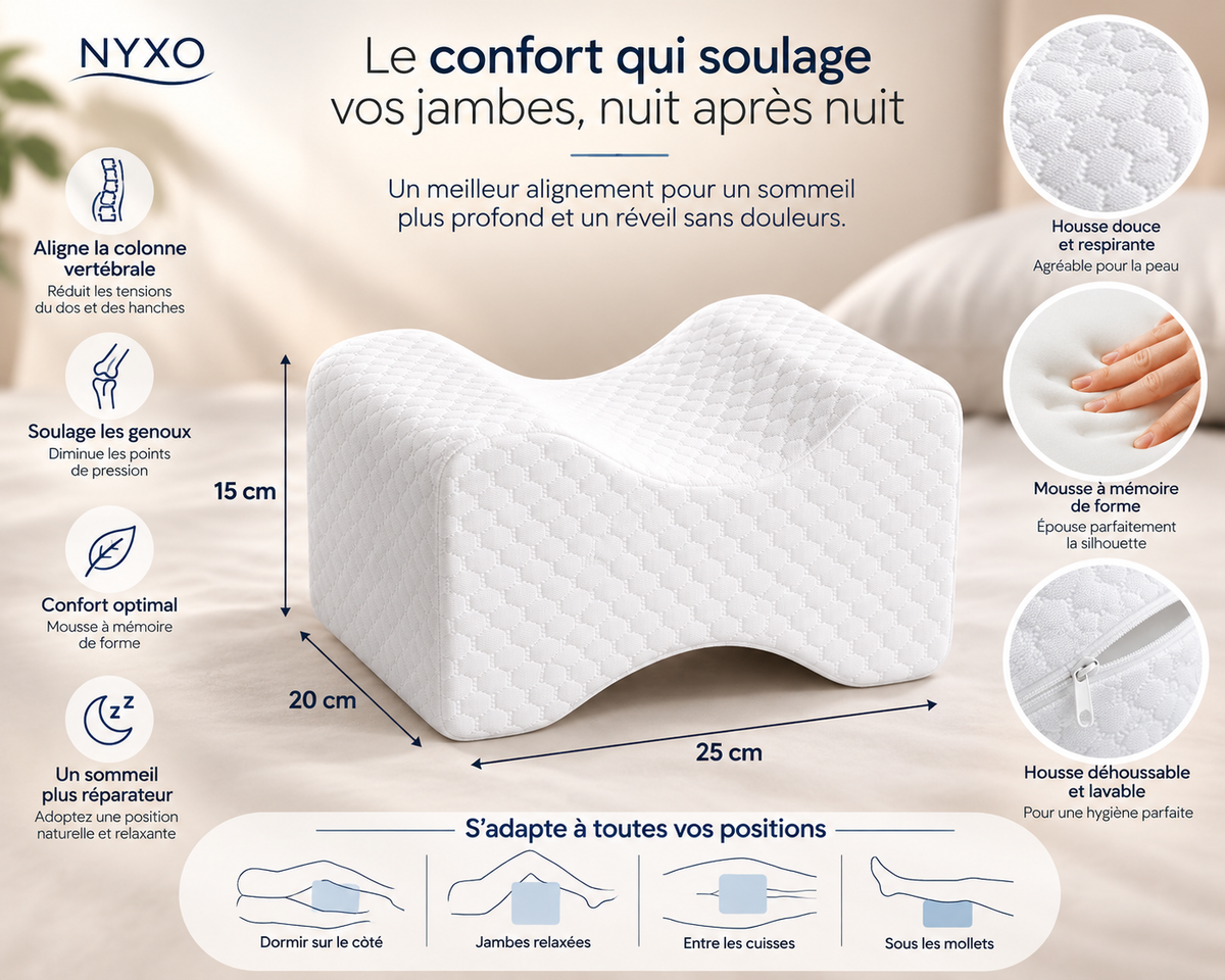 Coussin Cale-Jambes Ergonomique Nyxo — aperçu de la texture et du confort